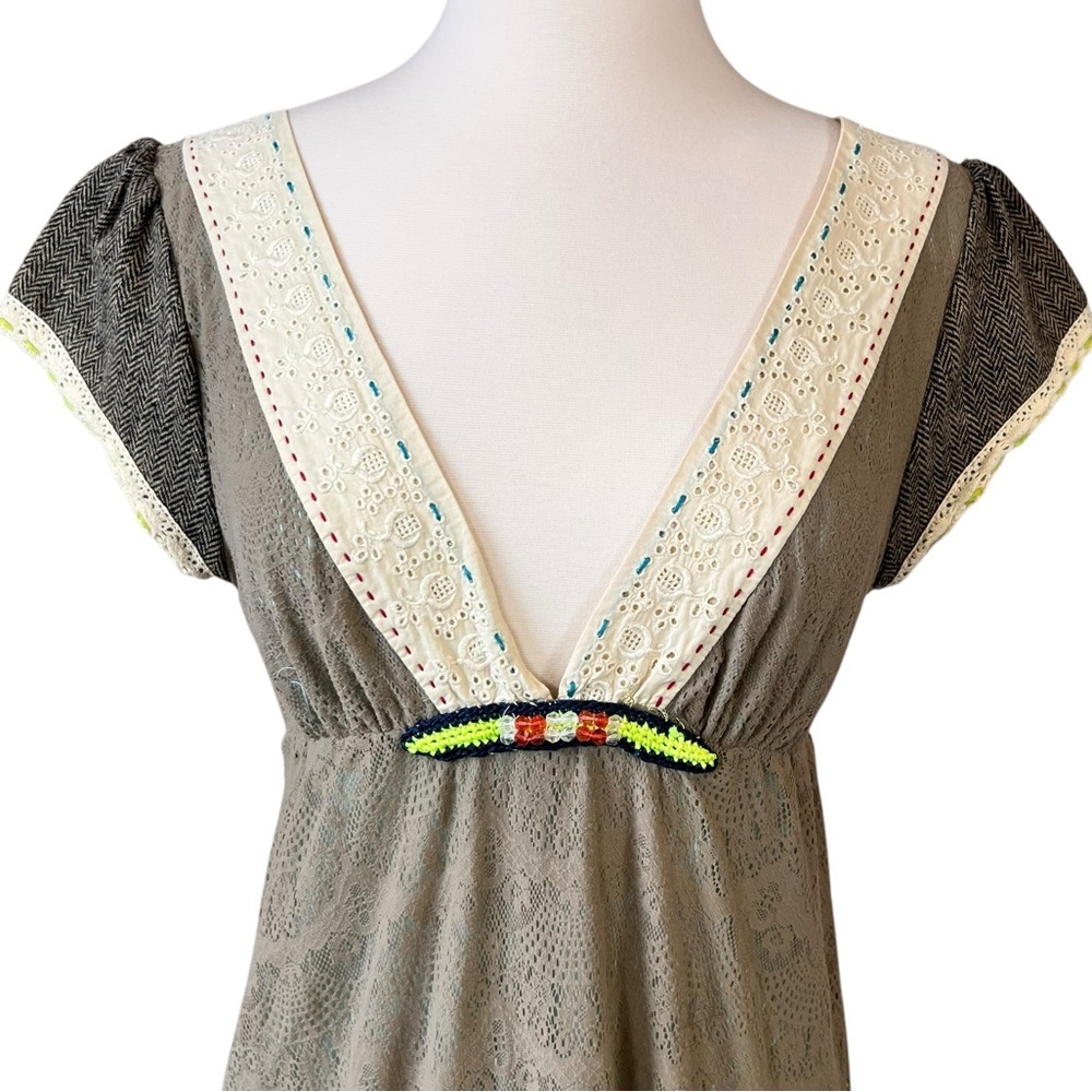 Free People Vintage Brown Lace Deep V Neckline Mini Dress - Picture 3 of 13